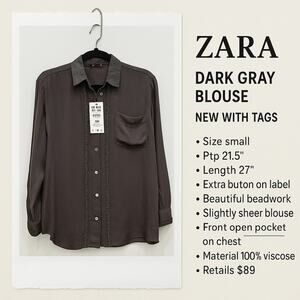 NWT Zara Dark Gray Blouse – New With Tags (Size S) Beadwork